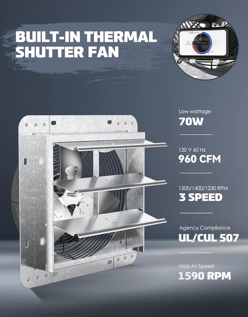 Iliving 12" Wall Mounted Shutter Exhaust Thermostat Control-3 Speeds Vent Fan For Home Attic, Shed, or Garage Ventilation, 960 CFM, 1200 SQF Coverage Area, Variable, Silver - Image 4